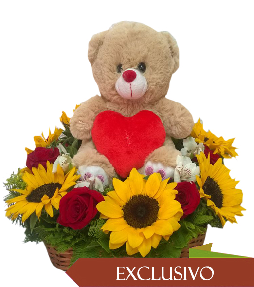 Cesta de Girasoles, Rosas y Peluche 26cm